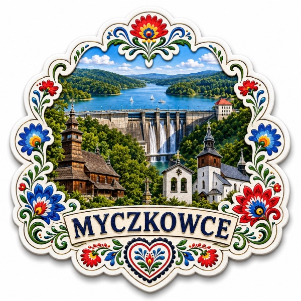 Magnes pamiątkowy Myczkowce z motywem zapory wodnej i kościołów