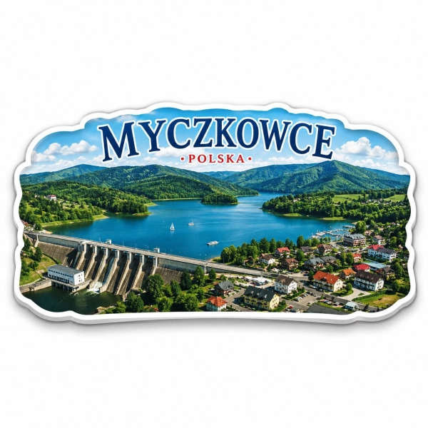 Magnes Myczkowce z widokiem na zbiornik wodny, most i elektrownię