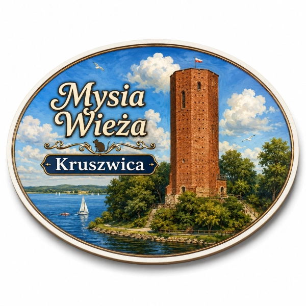 Magnes pamiątkowy przedstawiający Mysią Wieżę w Kruszwicy nad jeziorem, z żaglówkami i drzewami w tle