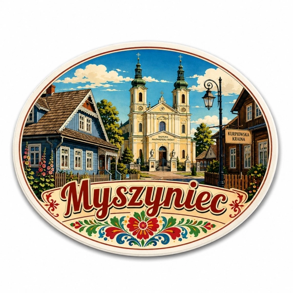 Magnes pamiątkowy Myszyniec z motywem Bazyliki Najświętszej Trójcy
