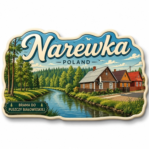 Magnes pamiątkowy Narewka z motywem rzeki i drewnianych domów