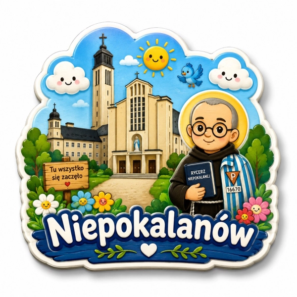 Pamiątkowy magnes Niepokalanów z motywem kościoła i zakonnika