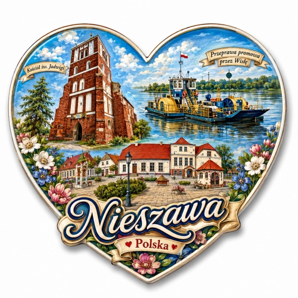 Magnes pamiątkowy Nieszawa w kształcie serca z motywem kościoła św. Jadwigi i promu na Wiśle