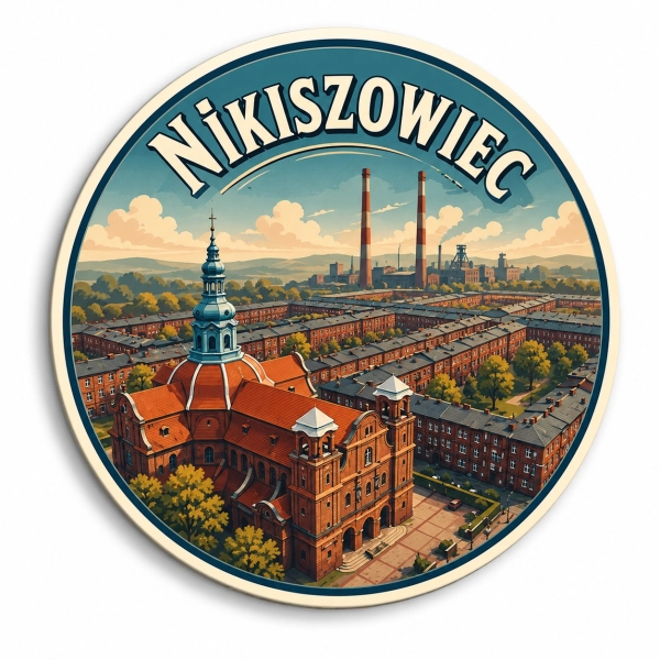 Magnes pamiątkowy z widokiem na Nikiszowiec, kościół i zabudowę mieszkalną