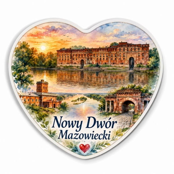 Pamiątkowy magnes Nowy Dwór Mazowiecki z panoramą zamku, rzeki i mostu