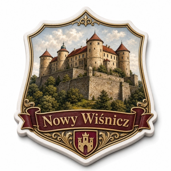 Magnes pamiątkowy przedstawiający zamek w Nowym Wiśniczu