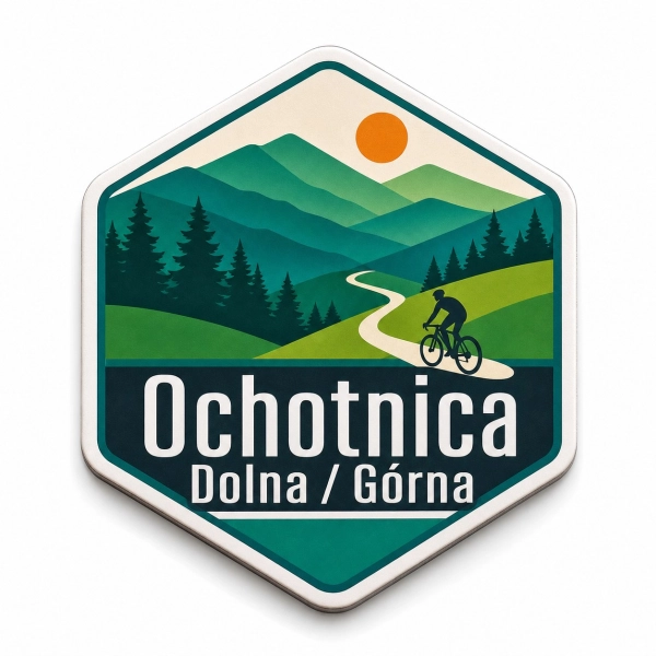 Magnes Ochotnica Dolna i Górna z górskim krajobrazem, leśną drogą i rowerzystą