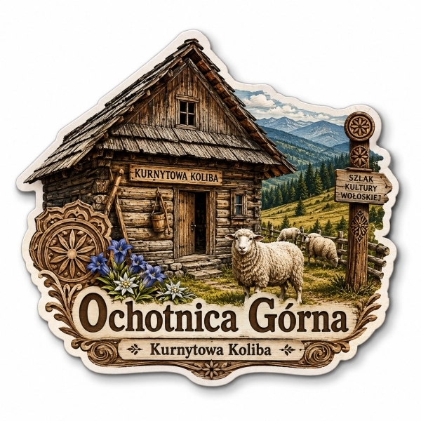 Magnes pamiątkowy Ochotnica Górna – Kurnytowa Koliba, drewniany dom, góry, las i owce