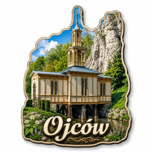 Magnes Ojców z motywem drewnianego kościoła