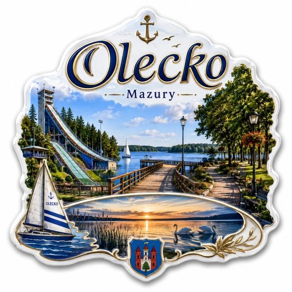 Magnes pamiątkowy Olecko z jeziorem, mostem i skocznią narciarską