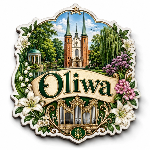 Magnes pamiątkowy Oliwa z motywem kościoła z dwiema wieżami