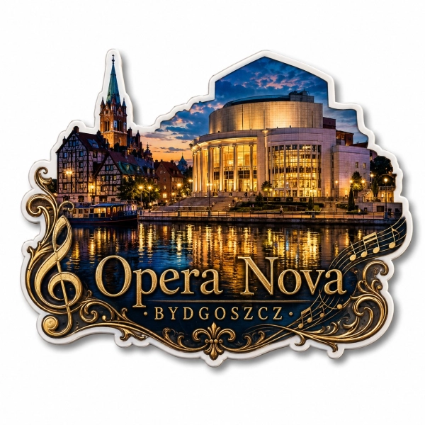 Pamiątkowy magnes z nocnym widokiem Opery Nova w Bydgoszczy, historycznymi budynkami nad rzeką Brdą i oświetloną sceną o