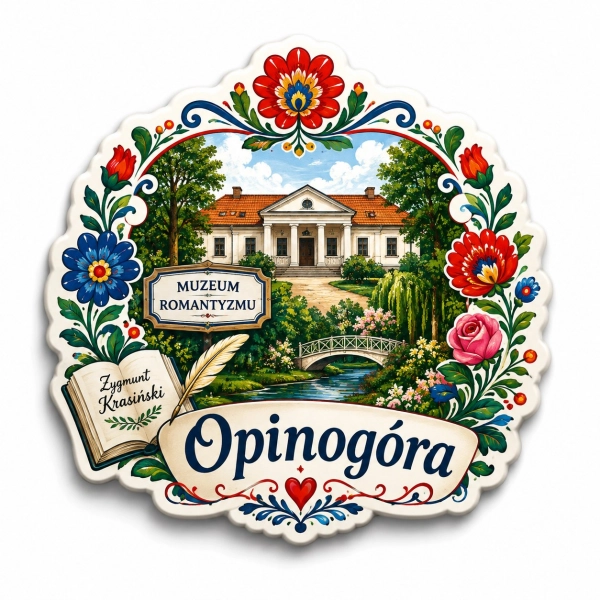 Magnes pamiątkowy Muzeum Romantyzmu w Opinogórze z motywem romantycznym i kwiatowym