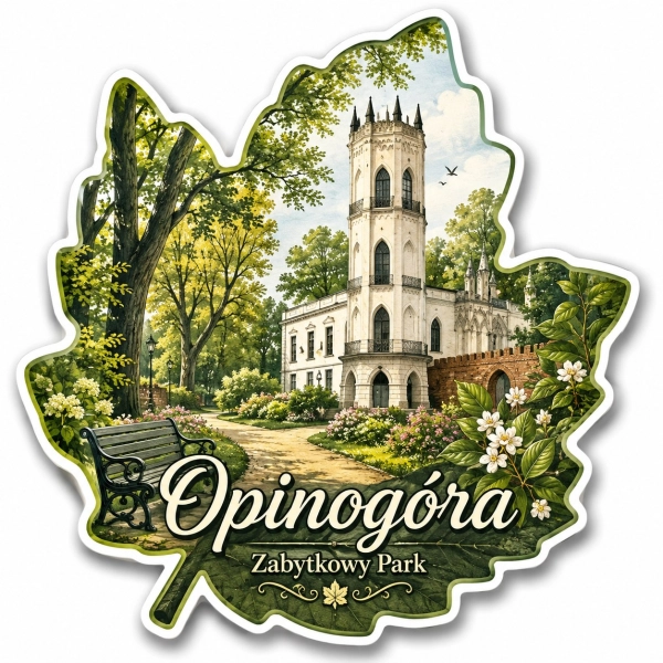 Pamiątkowy magnes Opinogóra przedstawiający zabytkowy park, gotycki zamek, kwiaty i zieloną scenerię