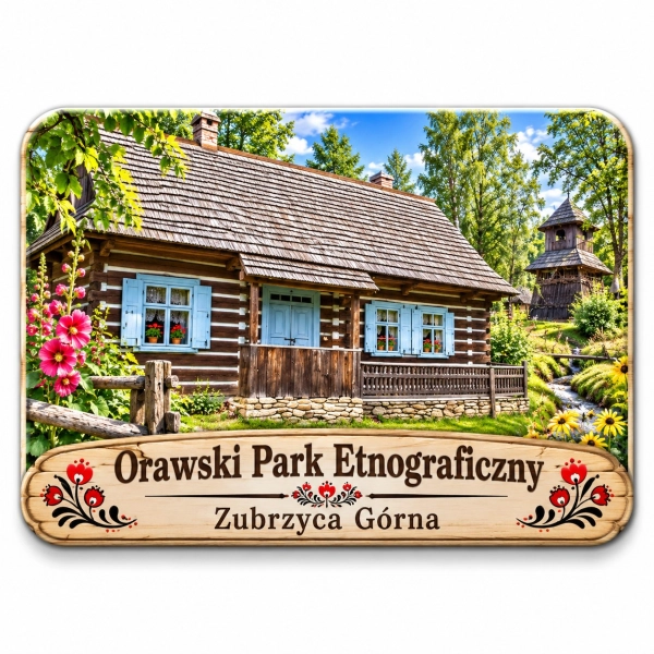 Magnes pamiątkowy przedstawiający tradycyjny drewniany dom z Orawskiego Parku Etnograficznego