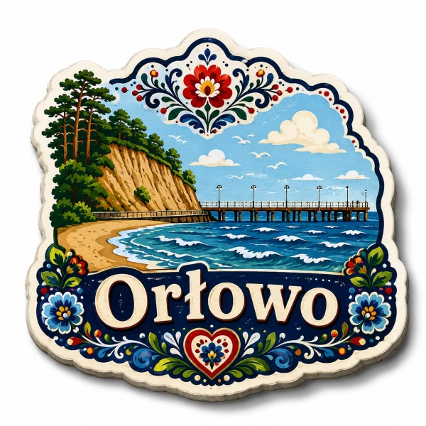 Magnes pamiątkowy Orłowo z widokiem na plażę, molo i klif