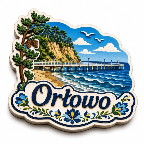 Magnes pamiątkowy Orłowo z widokiem na plażę i molo