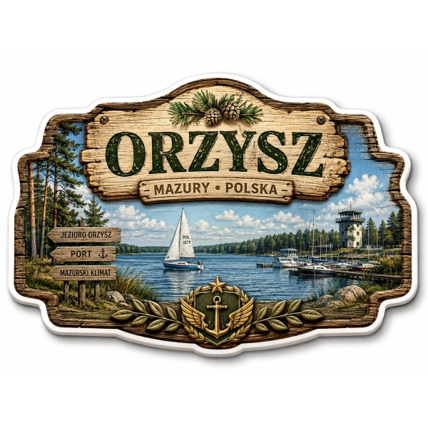 Pamiątkowy magnes Orzysz z motywem jeziora Orzysz