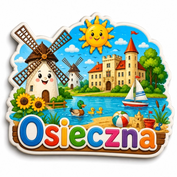 Magnes pamiątkowy Osieczna z motywem wiatraków, zamku i jeziora