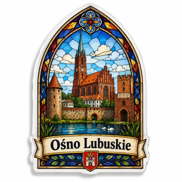 Pamiątkowy magnes Ośno Lubuskie z motywem kościoła i zamku