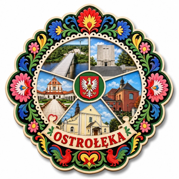 Magnes Ostrołęka z motywem regionalnym przedstawiającym krajobraz i architekturę miasta