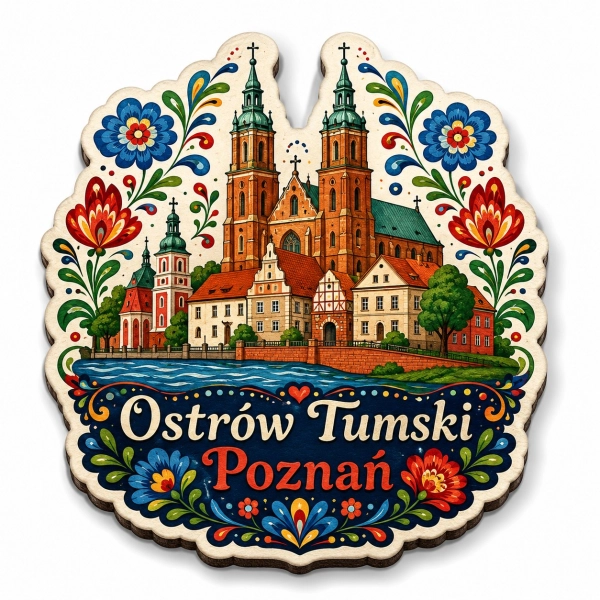 Pamiątkowy magnes Ostrów Tumski z motywem historycznej architektury i kwiatów w stylu ludowym