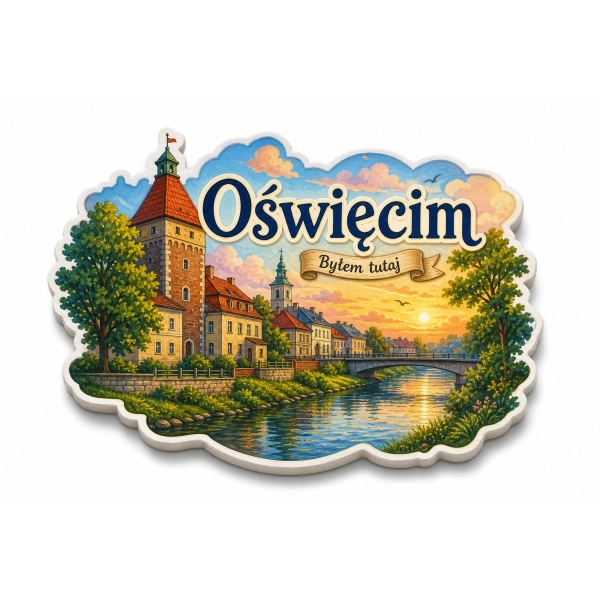 Pamiątkowy magnes Oświęcim z widokiem zamku i mostu nad rzeką