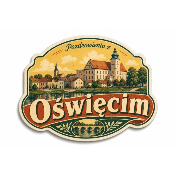Pamiątkowy magnes Oświęcim z motywem zamku i panoramą miasta