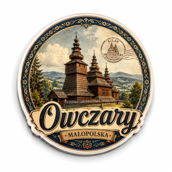 Pamiątkowy magnes Owczary z motywem drewnianego kościoła, górskiego krajobrazu i lasów
