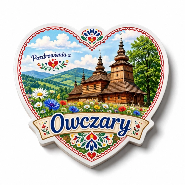 Pamiątkowy magnes Owczary z motywem drewnianych kościołów, kwiatów i gór