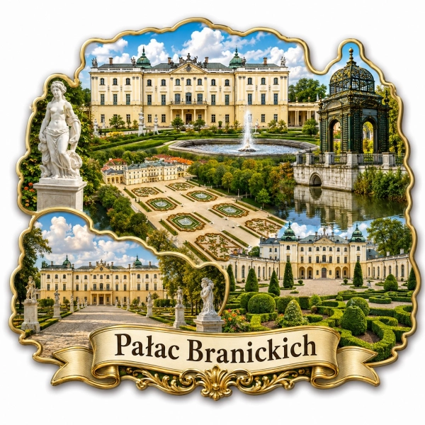 Magnes pamiątkowy Pałac Branickich z motywem ogrodu i fontanny