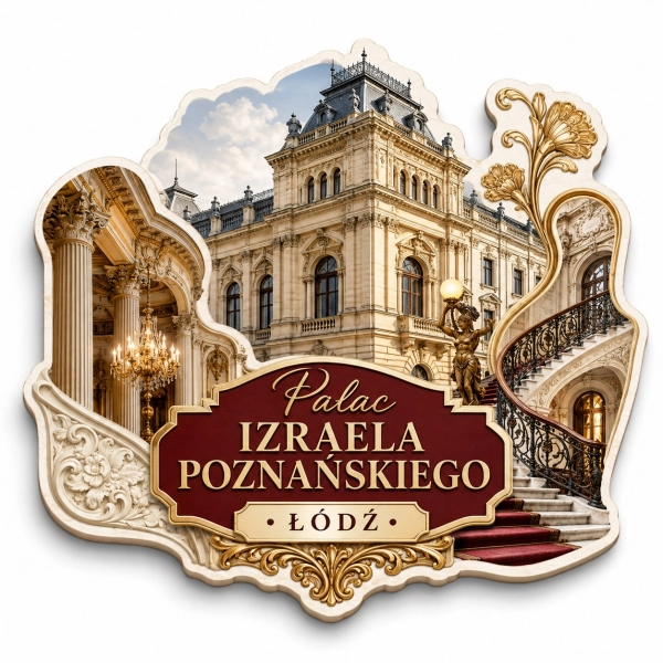 Magnes pamiątkowy z motywem Pałacu Izraela Poznańskiego w Łodzi