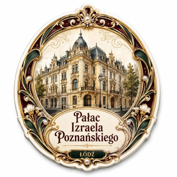 Magnes pamiątkowy z motywem Pałacu Izraela Poznańskiego w Łodzi