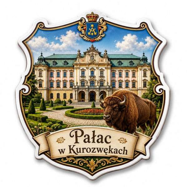 Pamiątkowy magnes przedstawiający Pałac w Kurozwękach i bizona