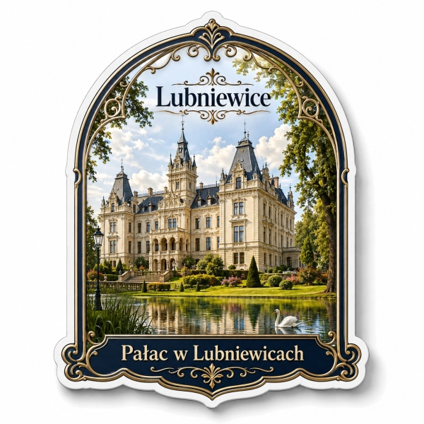 Magnes pamiątkowy z motywem Pałacu w Lubniewicach, ogrodu i stawu