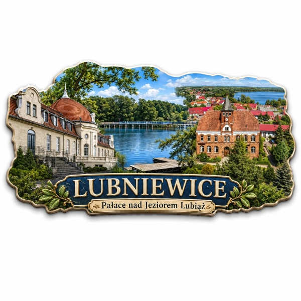 Magnes pamiątkowy przedstawiający Pałac w Lubniewicach nad Jeziorem Lubiąż