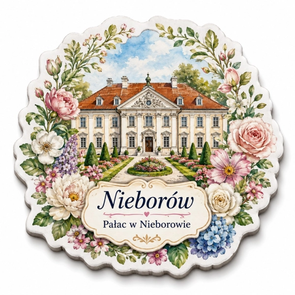 Pamiątkowy magnes z Pałacem w Nieborowie i kwiatami