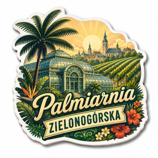 Pamiątkowy magnes Palmiarnia Zielonogórska z motywem oranżerii i palm
