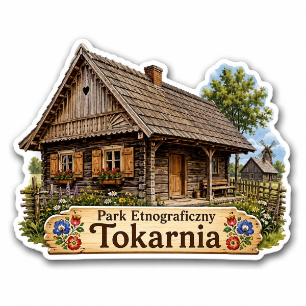 Pamiątkowy magnes Park Etnograficzny w Tokarni z motywem drewnianego domu
