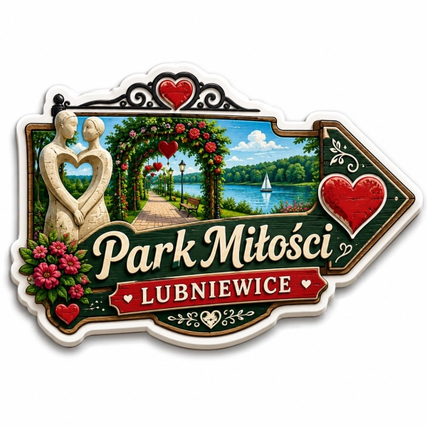 Pamiątkowy magnes przedstawiający Park Miłości w Lubniewicach