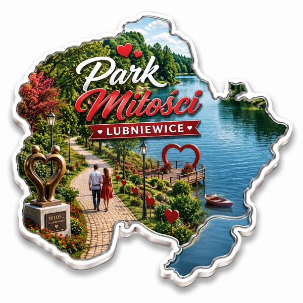Magnes pamiątkowy przedstawiający Park Miłości w Lubniewicach z romantycznym mostkiem nad jeziorem