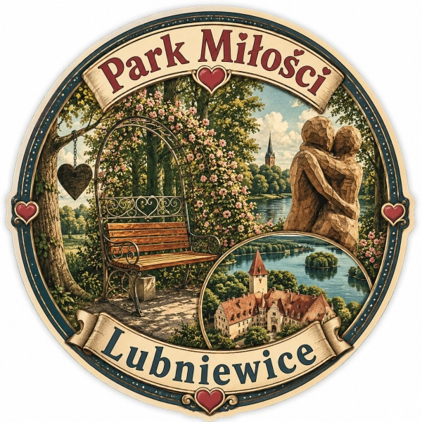 Magnes pamiątkowy Park Miłości w Lubniewicach z motywem romantycznego miejsca