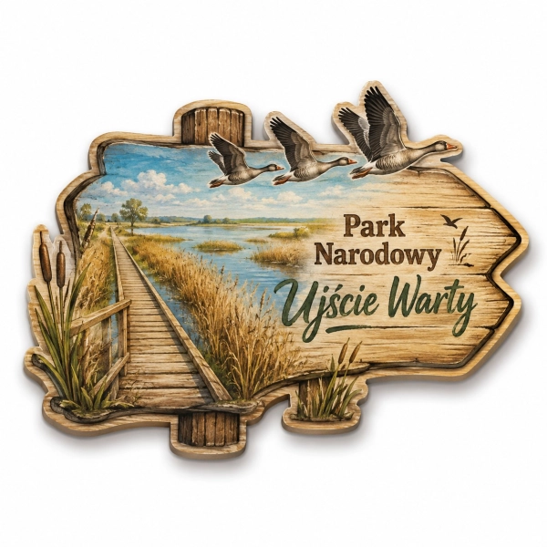 Magnes pamiątkowy Park Narodowy Ujście Warty z motywem gęsi, mostku, trzcin i drzew