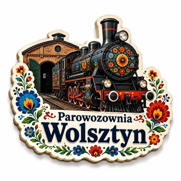 Magnes pamiątkowy Parowozownia Wolsztyn z motywem etnicznym