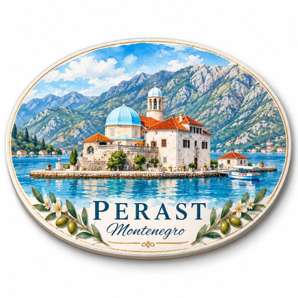 Magnes pamiątkowy Perast, Czarnogóra, z widokiem na wyspę i kościół