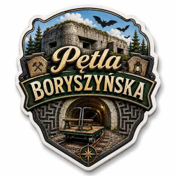 Magnes pamiątkowy Pętla Boryszyńska z motywem fortu i tunelu kolejowego