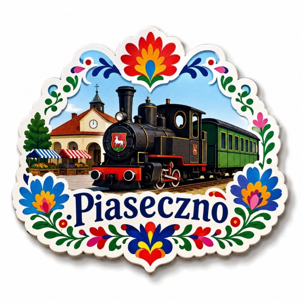 Pamiątkowy magnes Piaseczno z lokomotywą parową