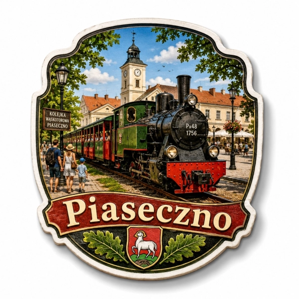 Magnes pamiątkowy Piaseczno z parowozem Px48 nr 1756 i stacją kolejową