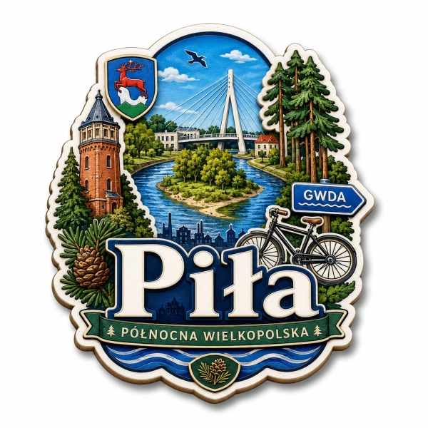 Magnes pamiątkowy Piła z krajobrazem regionu, mostem wiszącym, wieżą ciśnień, sosnami i domkami