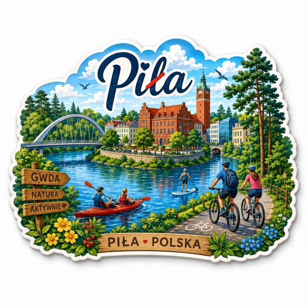 Pamiątkowy magnes Piła z motywem rzeki, mostu i turystyki